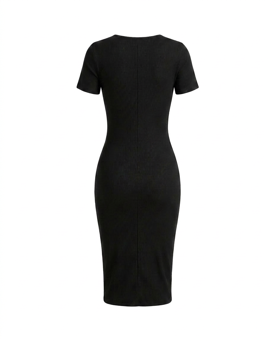 Black Zipper Split Contrast Panel Bodycon Midi Dress