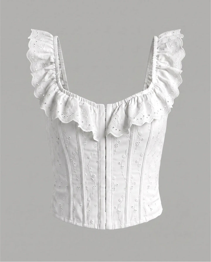 White Eyelet Embroidered Ruffle Strap Corset Top