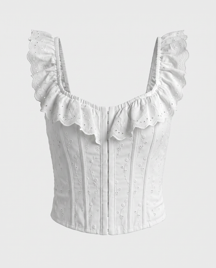 White Eyelet Embroidered Ruffle Strap Corset Top