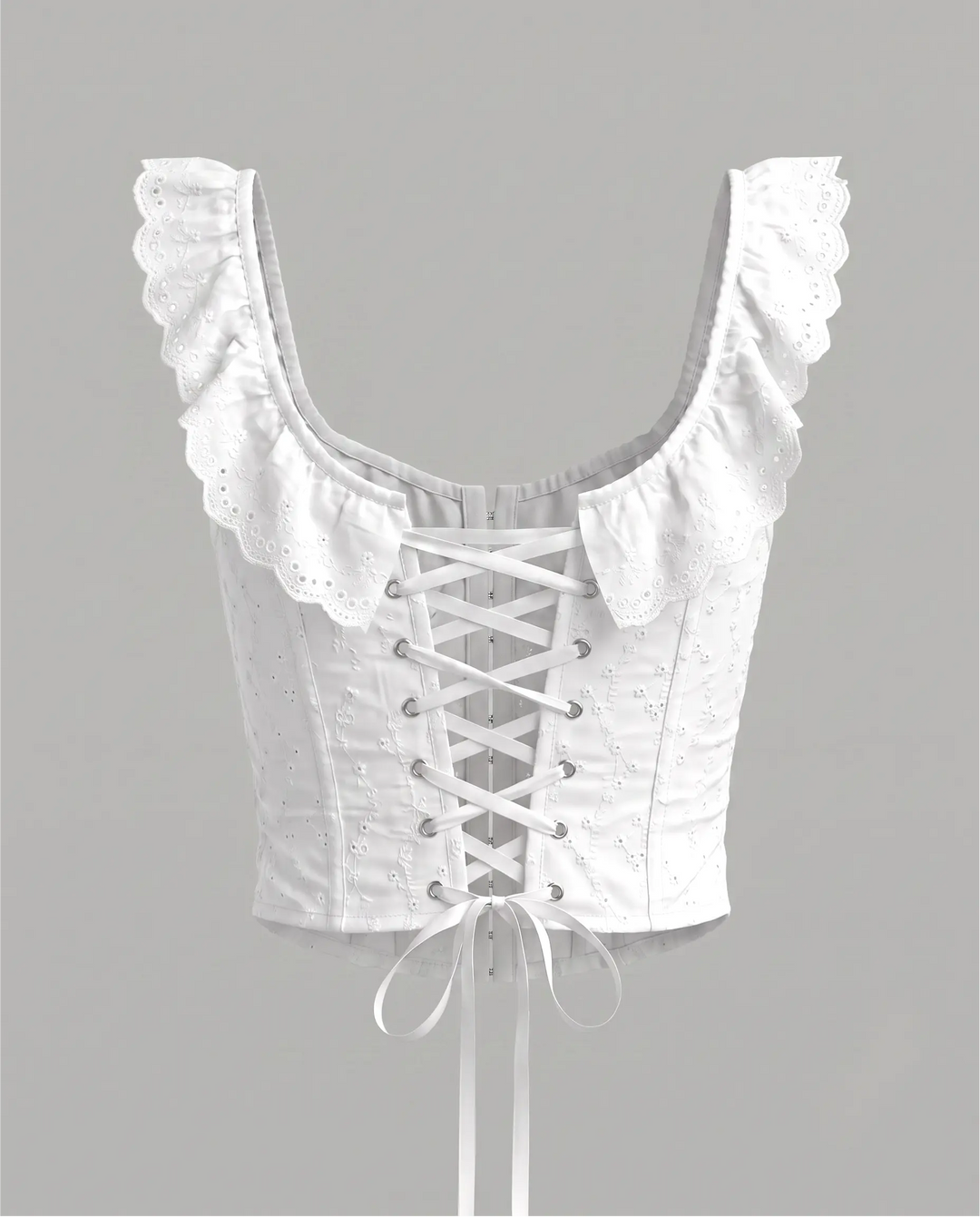 White Eyelet Embroidered Ruffle Strap Corset Top