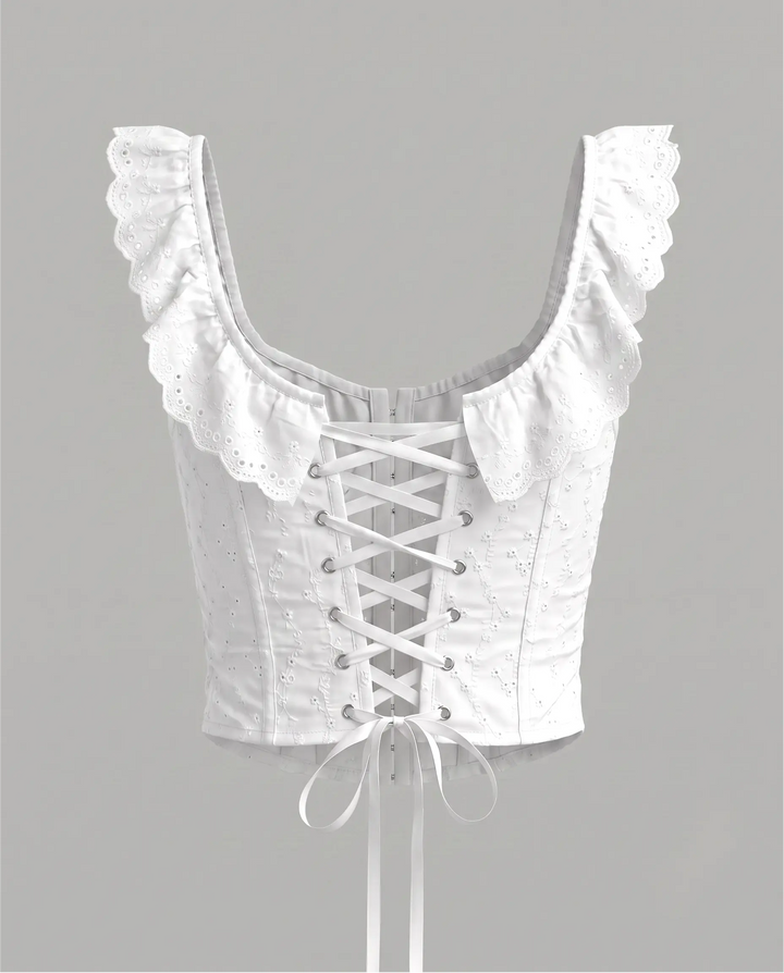 White Eyelet Embroidered Ruffle Strap Corset Top
