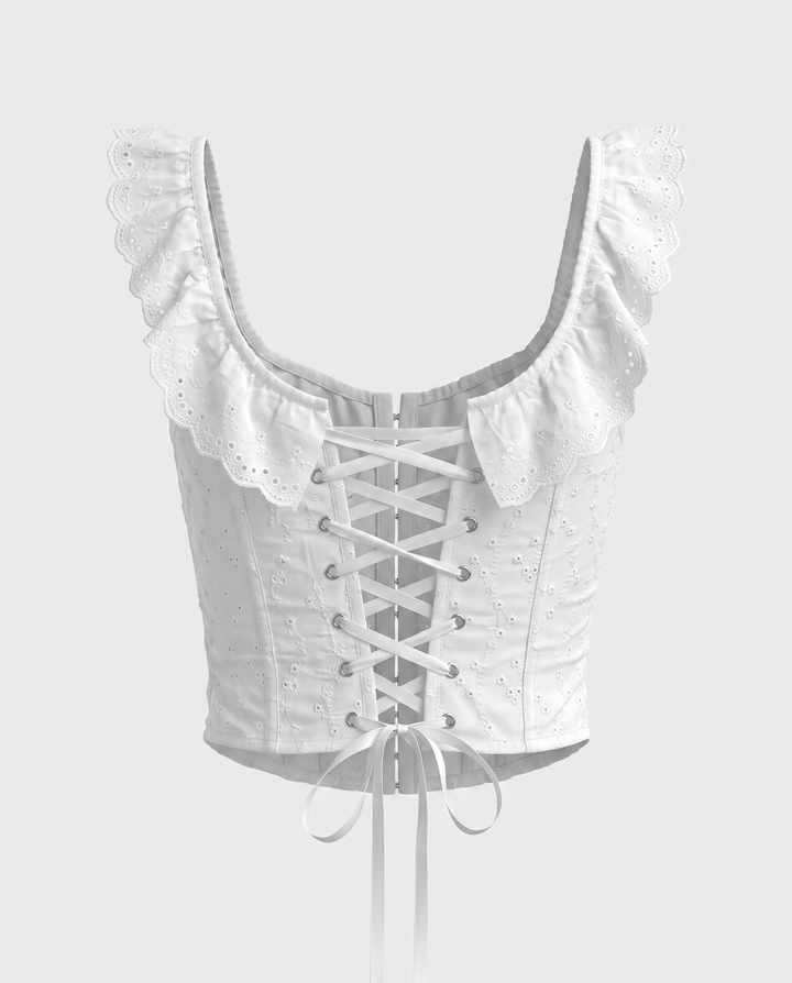 White Eyelet Embroidered Ruffle Strap Corset Top