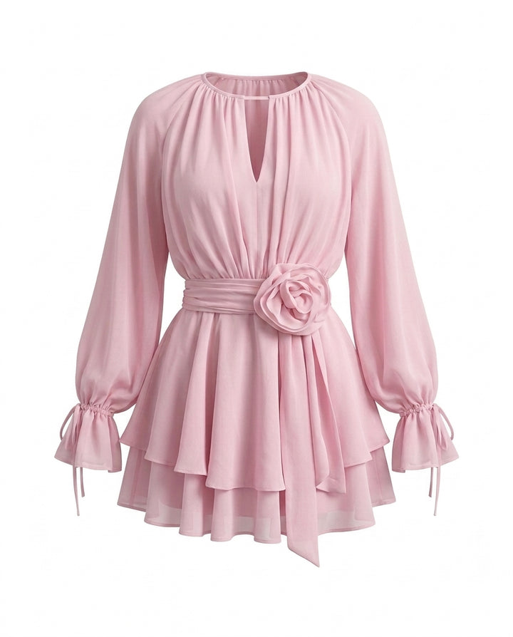 Pink Rose Waist Chiffon Layered Relaxed Mini Dress