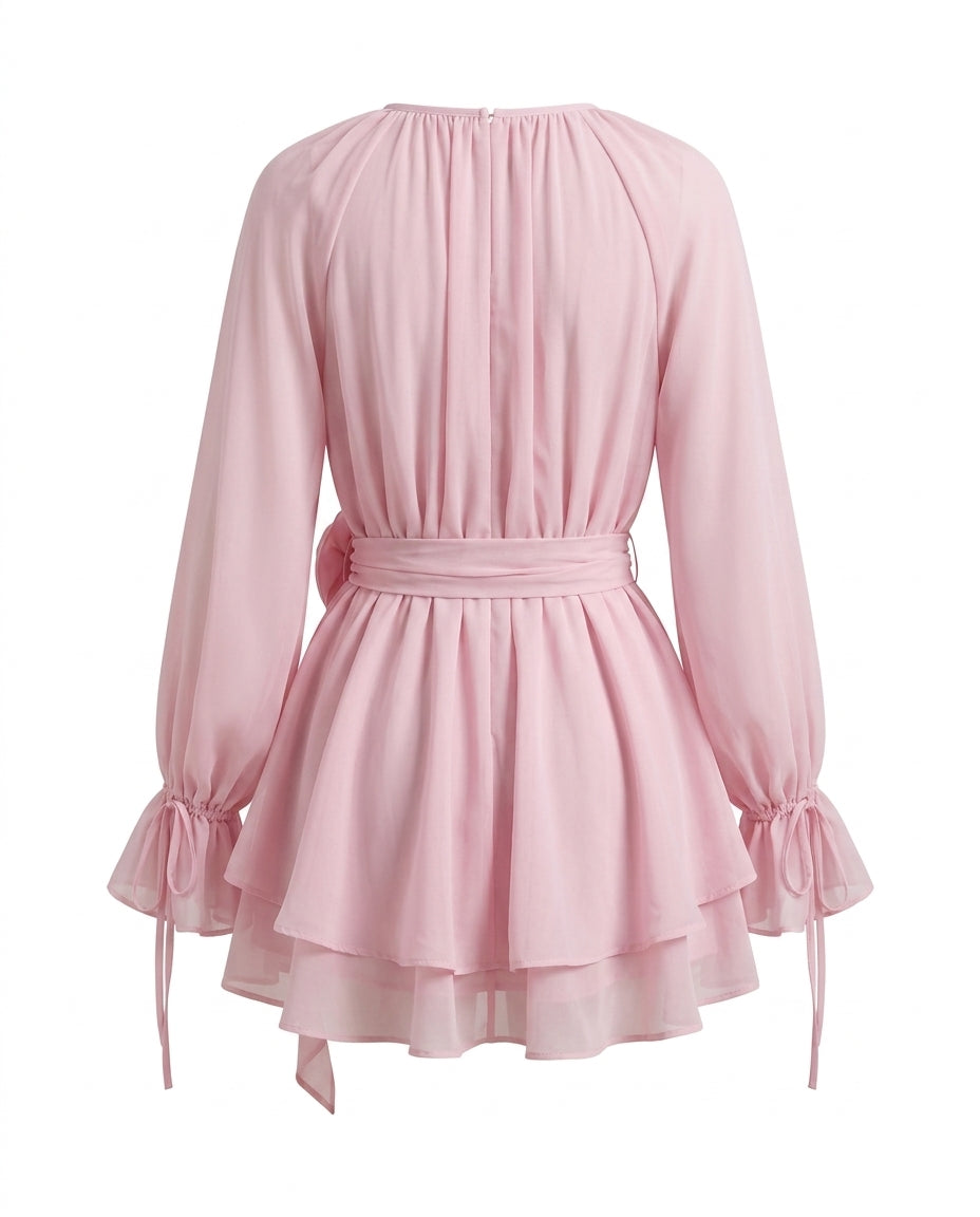 Pink Rose Waist Chiffon Layered Relaxed Mini Dress