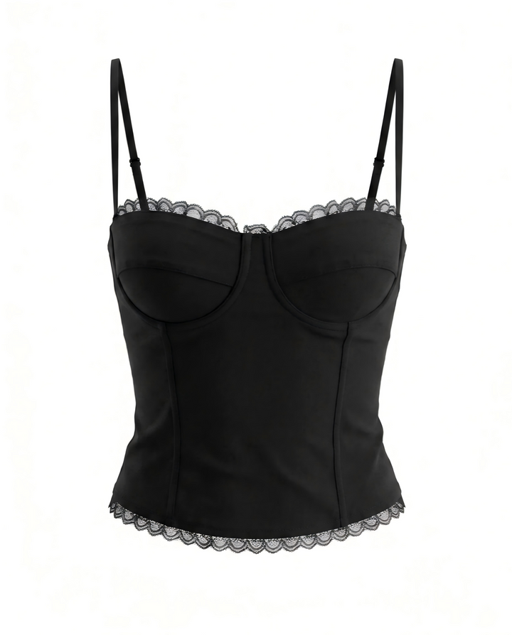 Black Lace Trim Bustier Spaghetti Strap Corset Cami Top