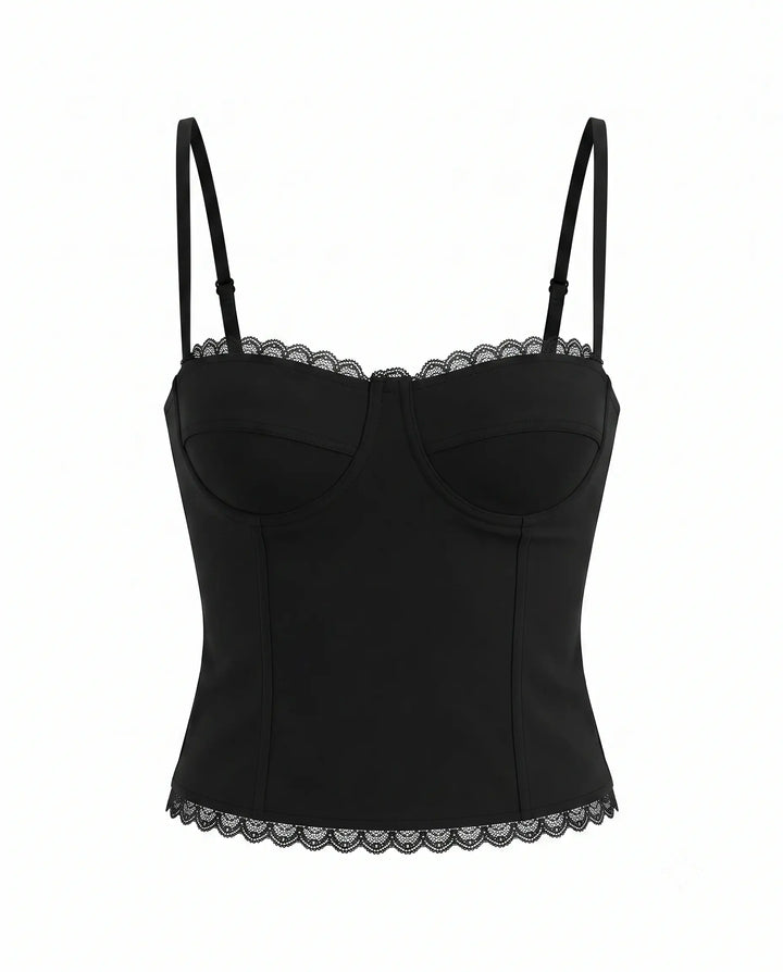 Black Lace Trim Bustier Spaghetti Strap Corset Cami Top