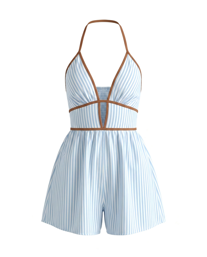 Blue White Stripe Contrast Piping Deep V Strap Romper