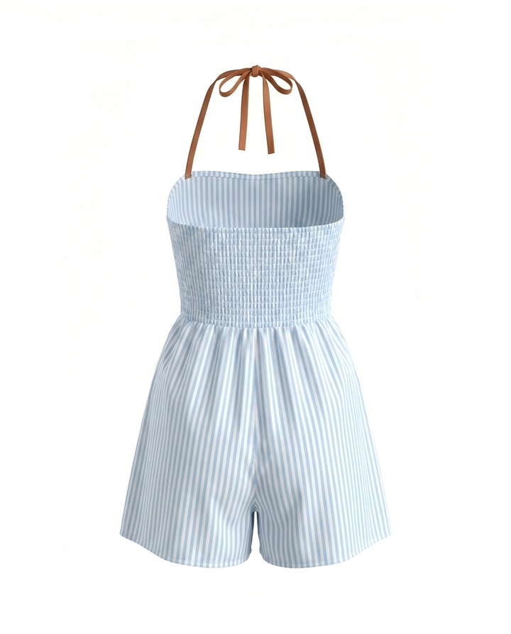 Blue White Stripe Contrast Piping Deep V Strap Romper