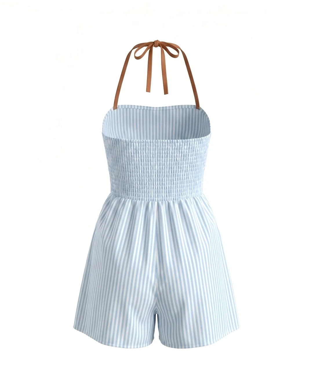 Blue White Stripe Contrast Piping Deep V Strap Romper
