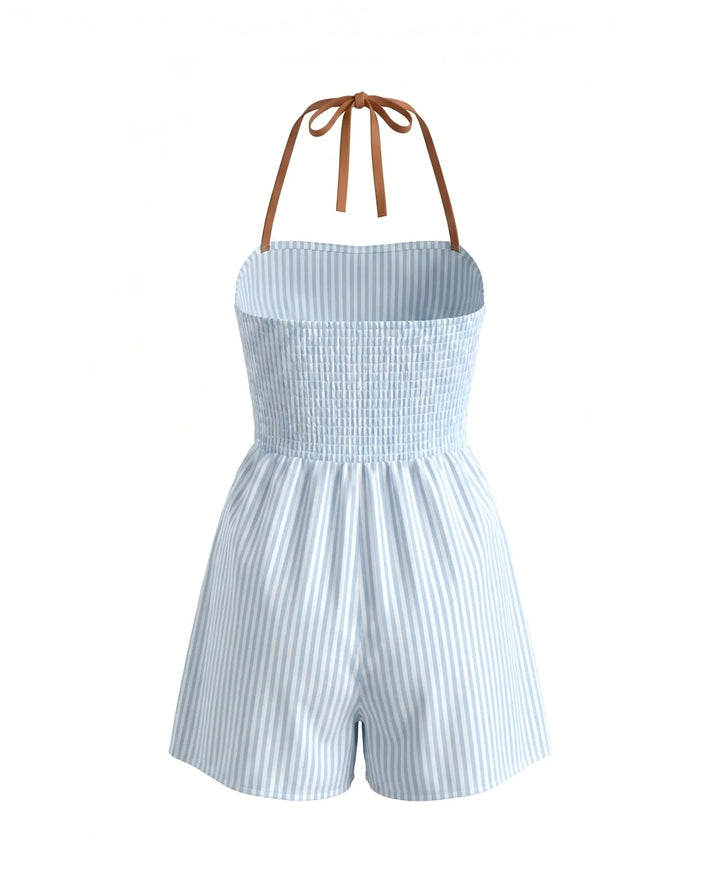 Blue White Stripe Contrast Piping Deep V Strap Romper