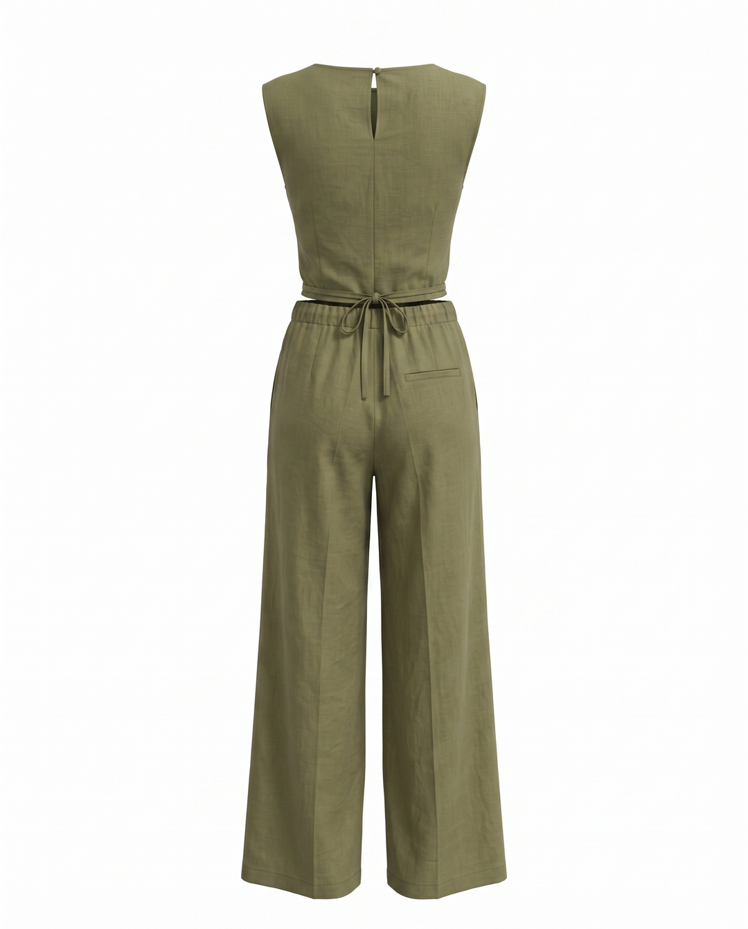Army Green Sleeveless Wrap Top Wide Leg Pants Set