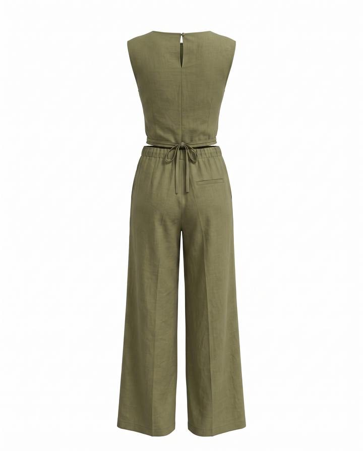 Army Green Sleeveless Wrap Top Wide Leg Pants Set