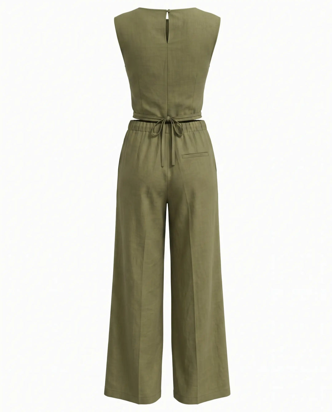 Army Green Sleeveless Wrap Top Wide Leg Pants Set