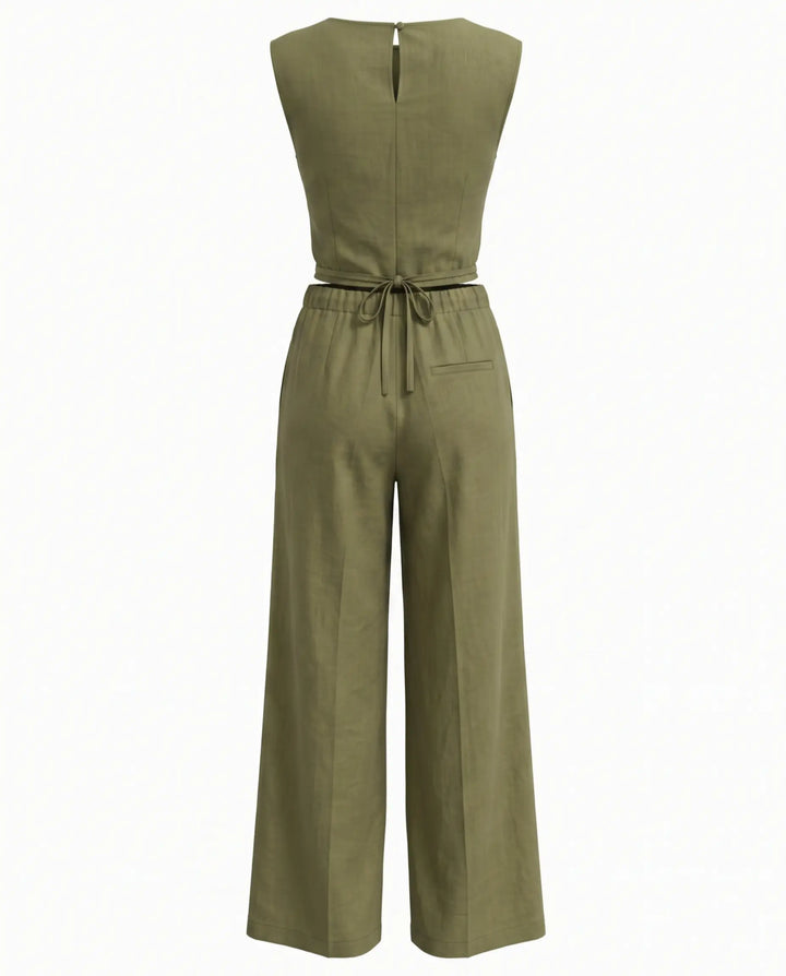 Army Green Sleeveless Wrap Top Wide Leg Pants Set
