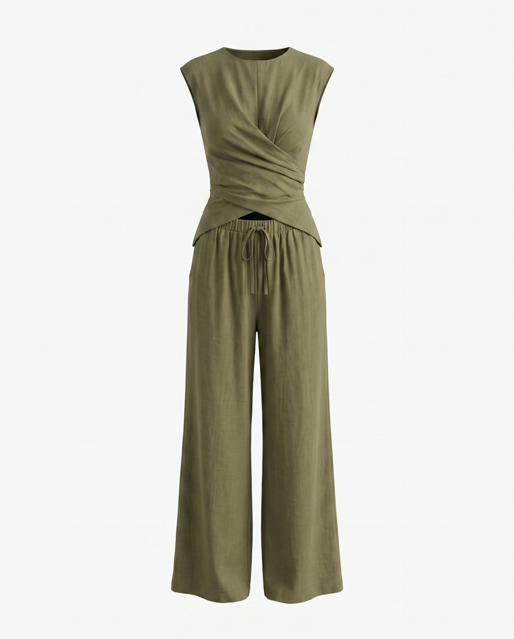 Army Green Sleeveless Wrap Top Wide Leg Pants Set