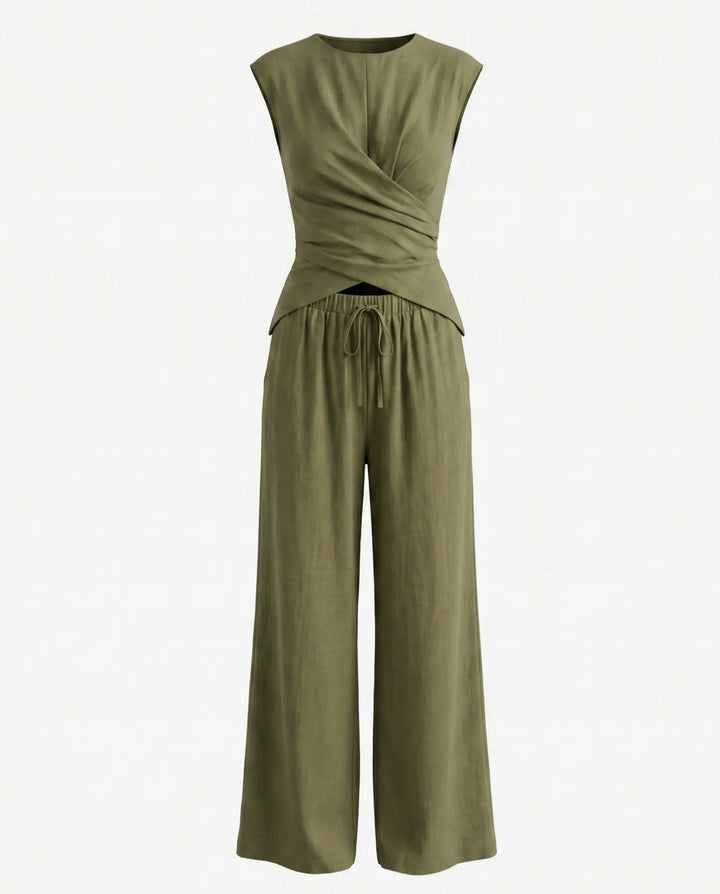 Army Green Sleeveless Wrap Top Wide Leg Pants Set