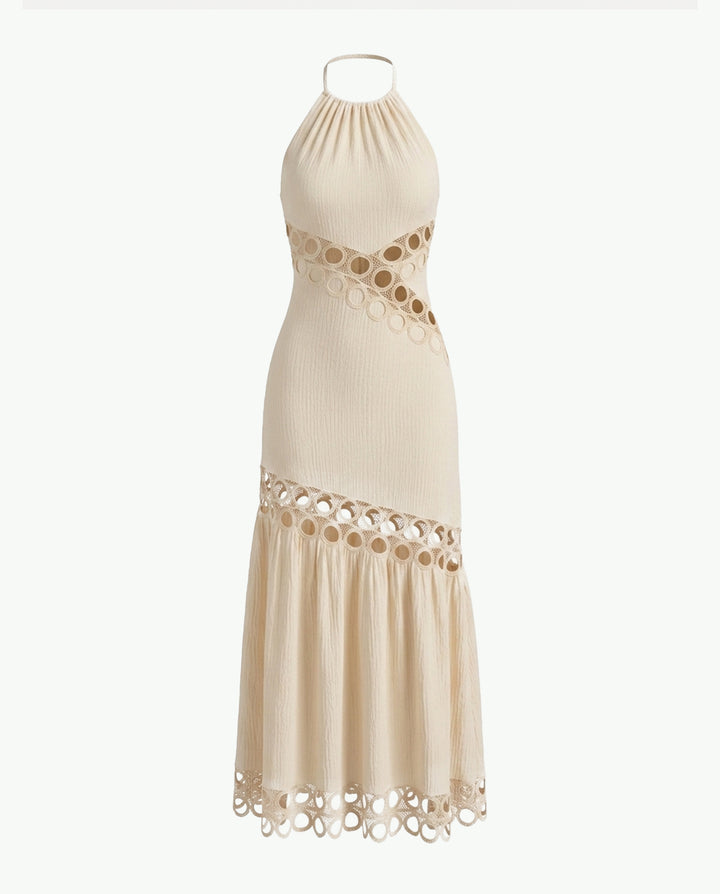 Cream Halter Neck  Crochet Ring Detail Maxi Dress