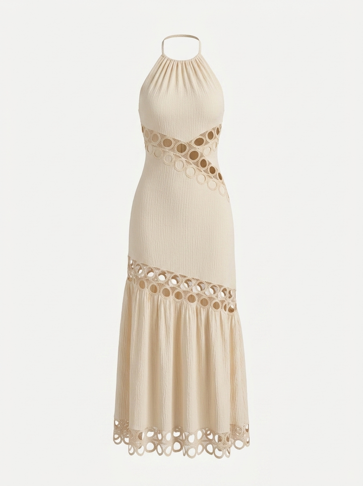 Cream Halter Neck  Crochet Ring Detail Maxi Dress