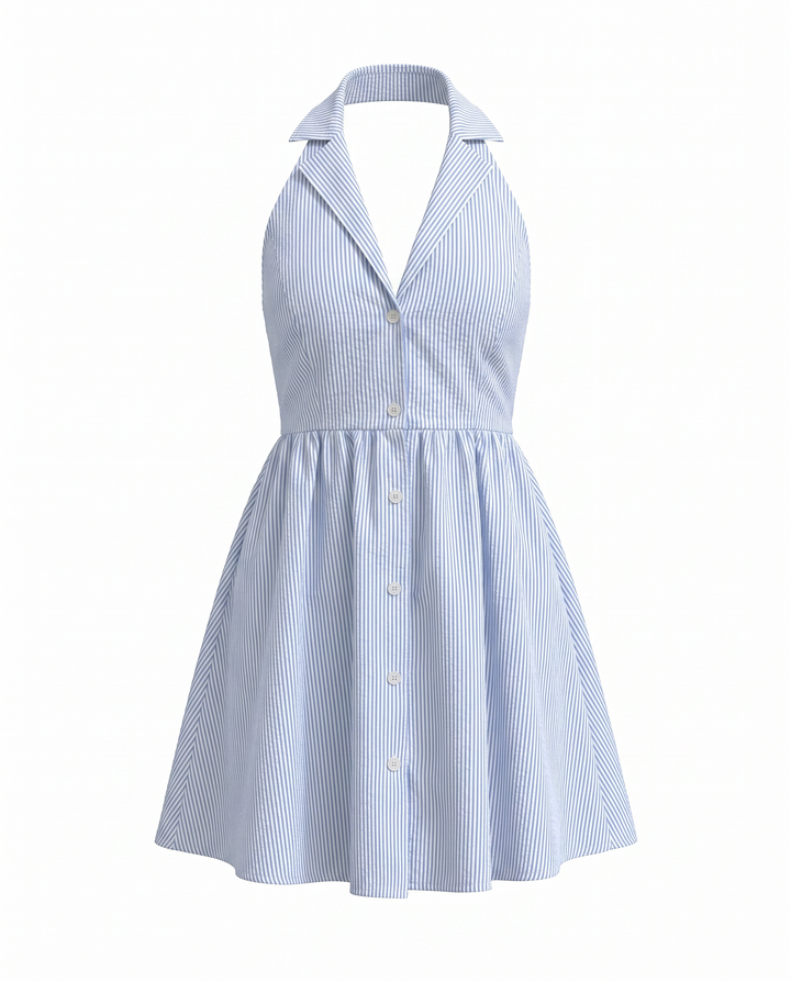 Stripe Collared V-Neck Sleeveless Flare Mini Dress