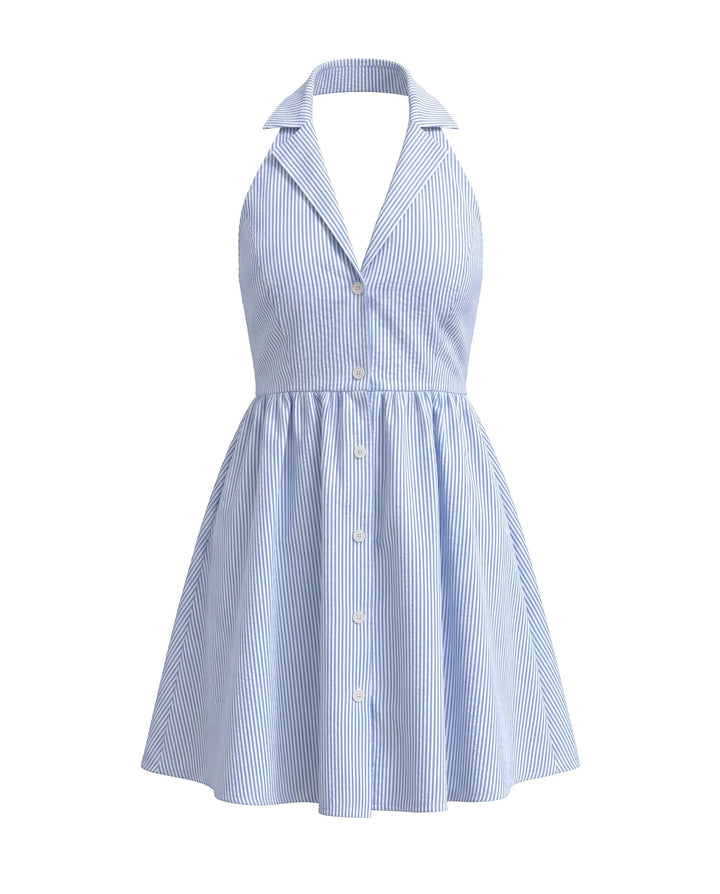 Stripe Collared V-Neck Sleeveless Flare Mini Dress