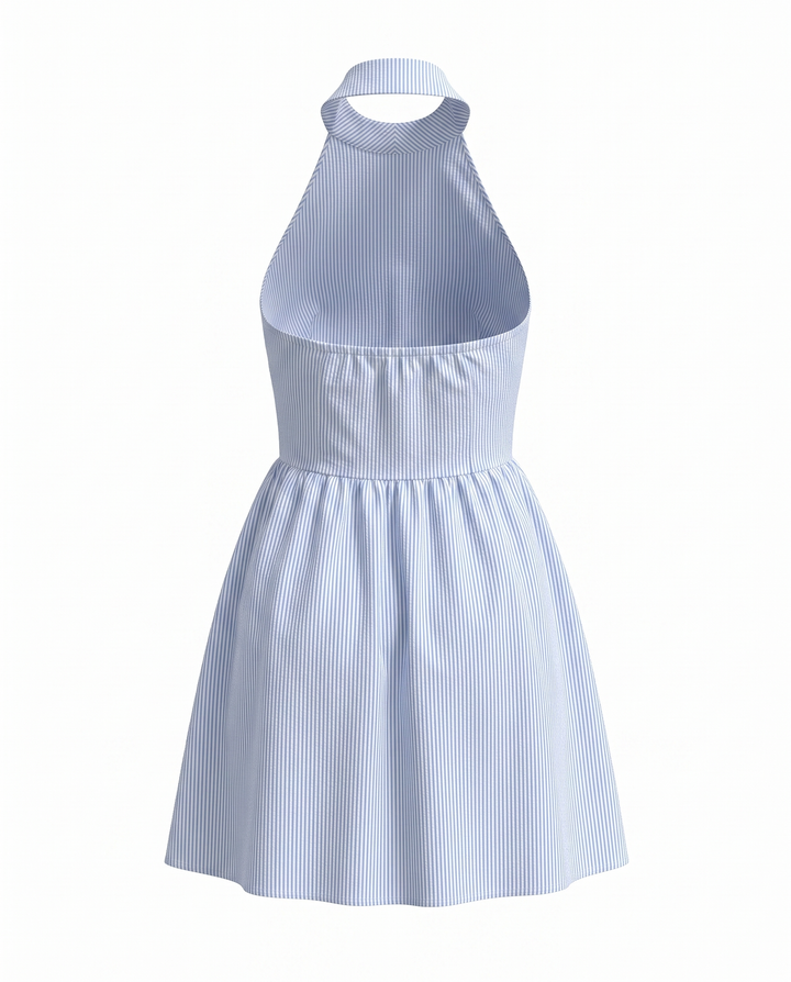 Stripe Collared V-Neck Sleeveless Flare Mini Dress