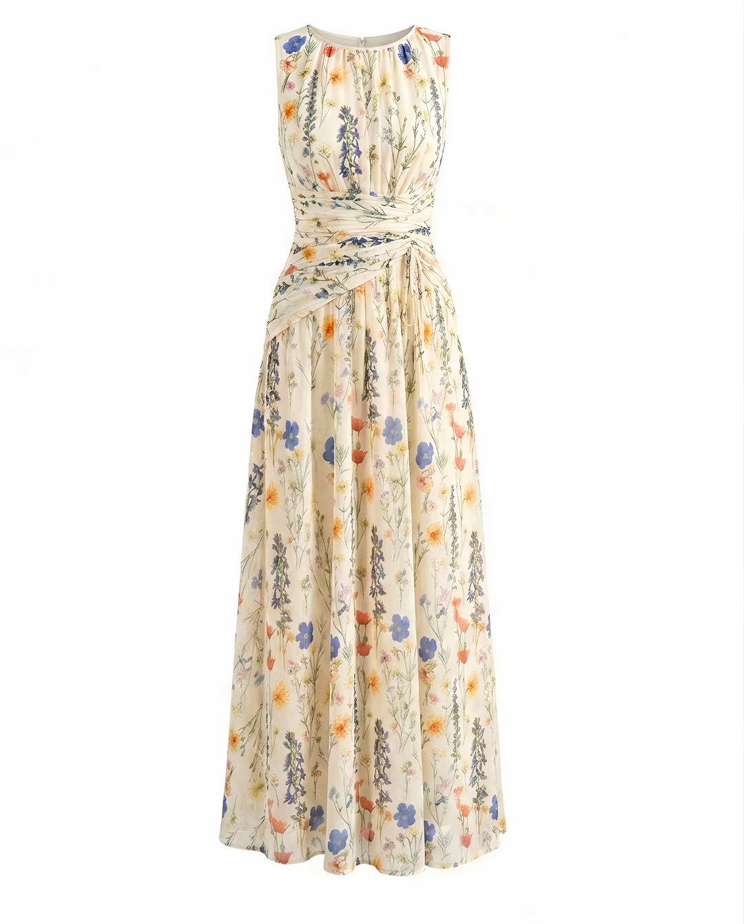 Wildflower Print Sleeveless Ruched Waist Maxi Dress