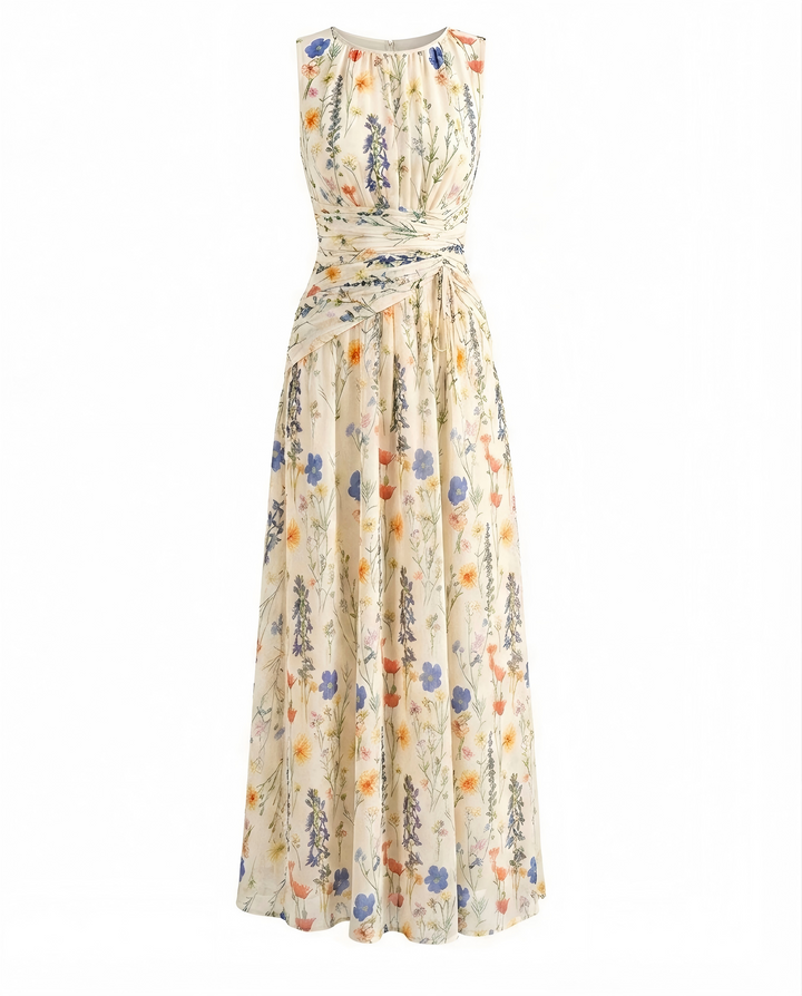 Wildflower Print Sleeveless Ruched Waist Maxi Dress