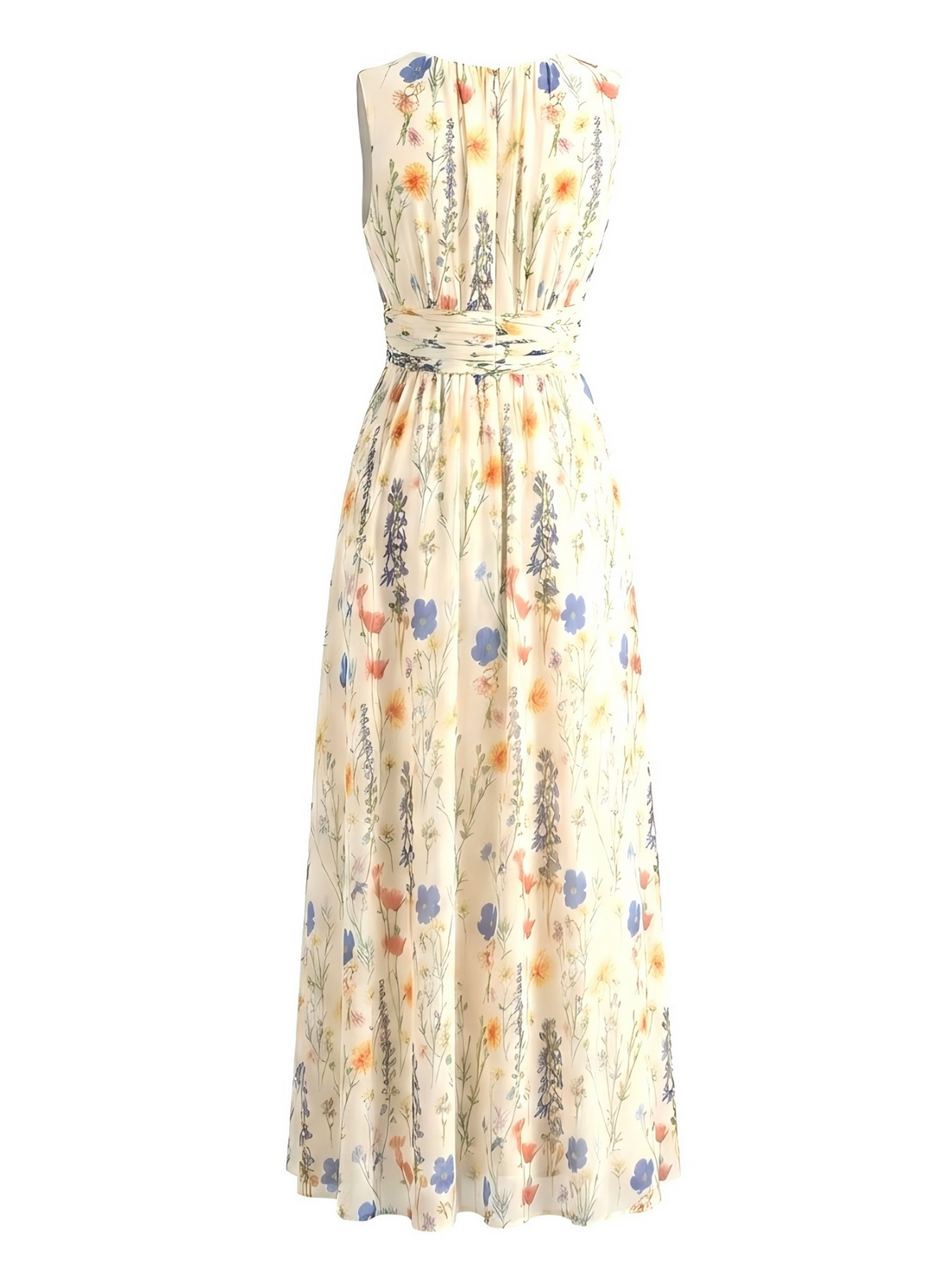 Wildflower Print Sleeveless Ruched Waist Maxi Dress