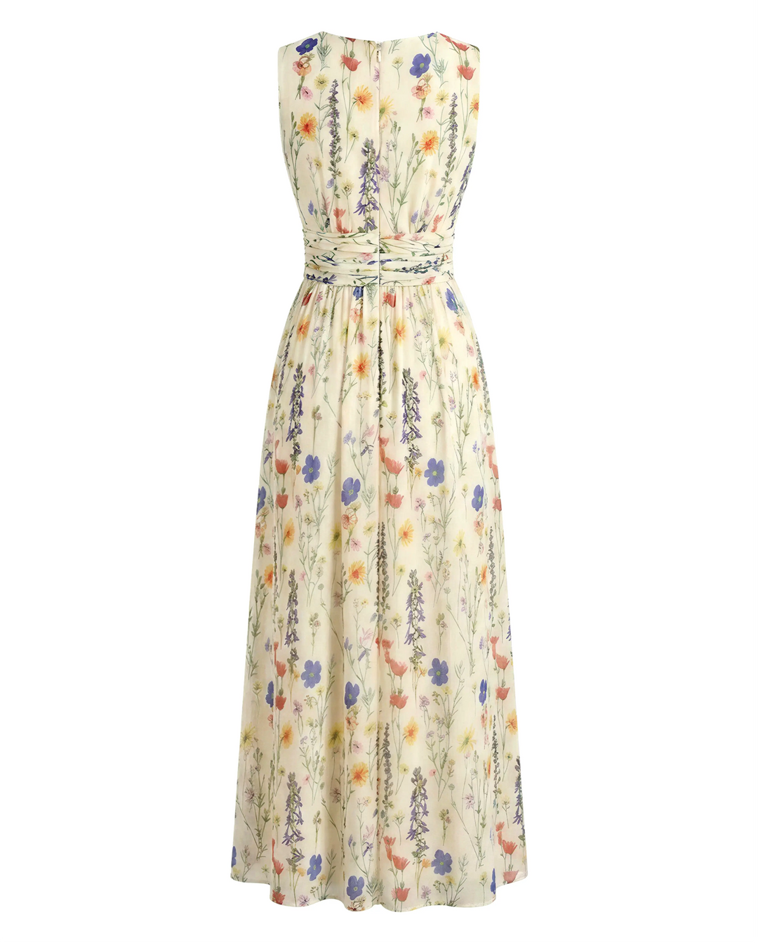 Wildflower Print Sleeveless Ruched Waist Maxi Dress