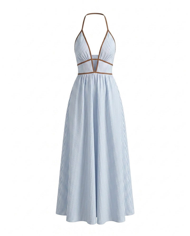Stripe Halter Neck Deep V Cutout Smocked Back Maxi Dress
