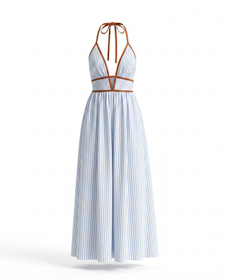 Stripe Halter Neck Deep V Cutout Smocked Back Maxi Dress