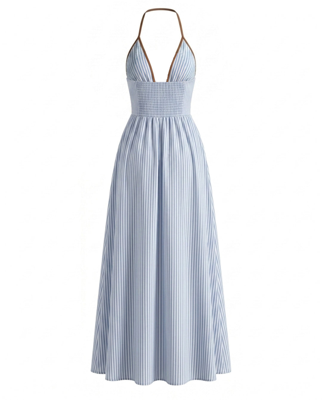 Stripe Halter Neck Deep V Cutout Smocked Back Maxi Dress