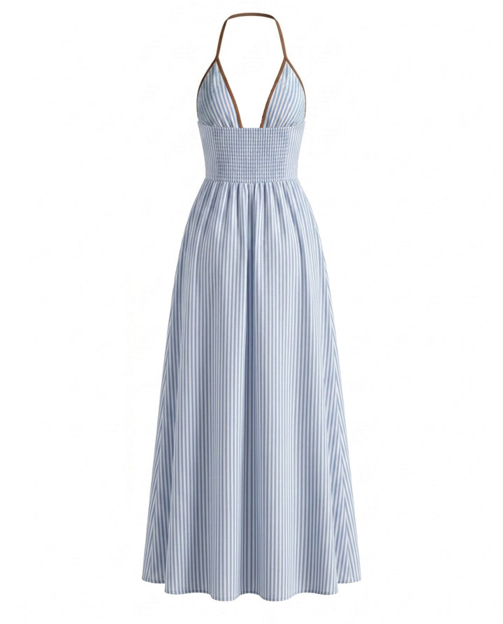 Stripe Halter Neck Deep V Cutout Smocked Back Maxi Dress