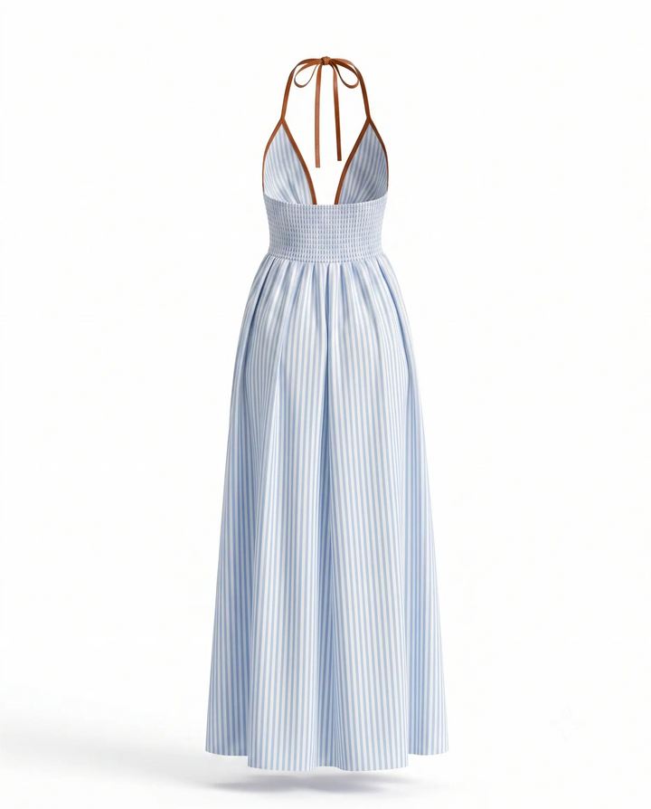 Stripe Halter Neck Deep V Cutout Smocked Back Maxi Dress