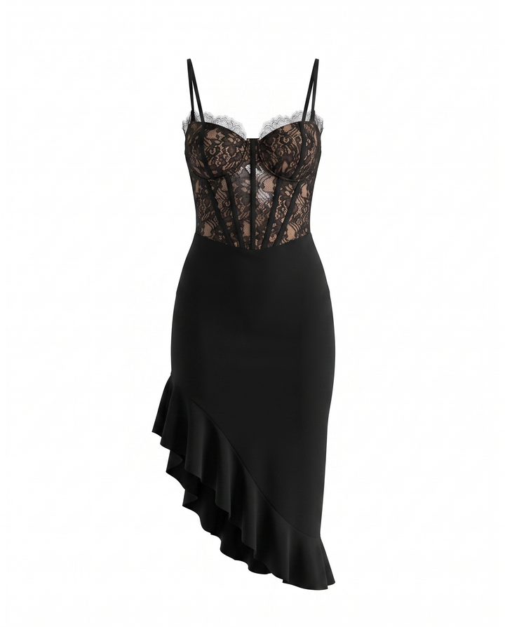 Black Lace Corset Asymmetrical Ruffle Hem Midi Dress