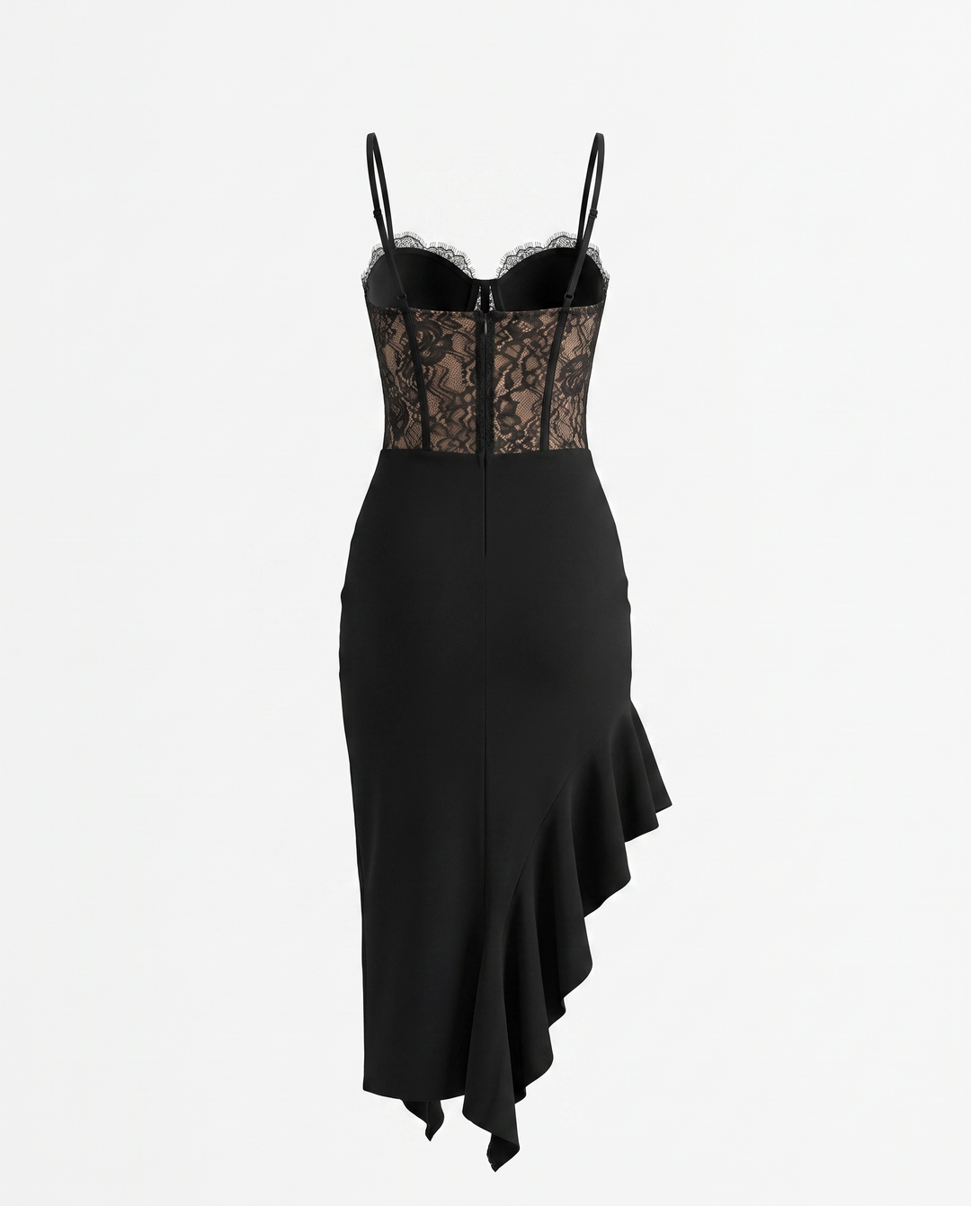 Black Lace Corset Asymmetrical Ruffle Hem Midi Dress
