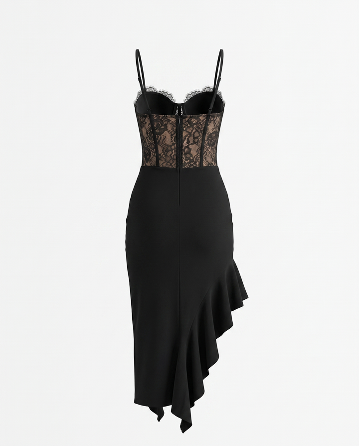 Black Lace Corset Asymmetrical Ruffle Hem Midi Dress