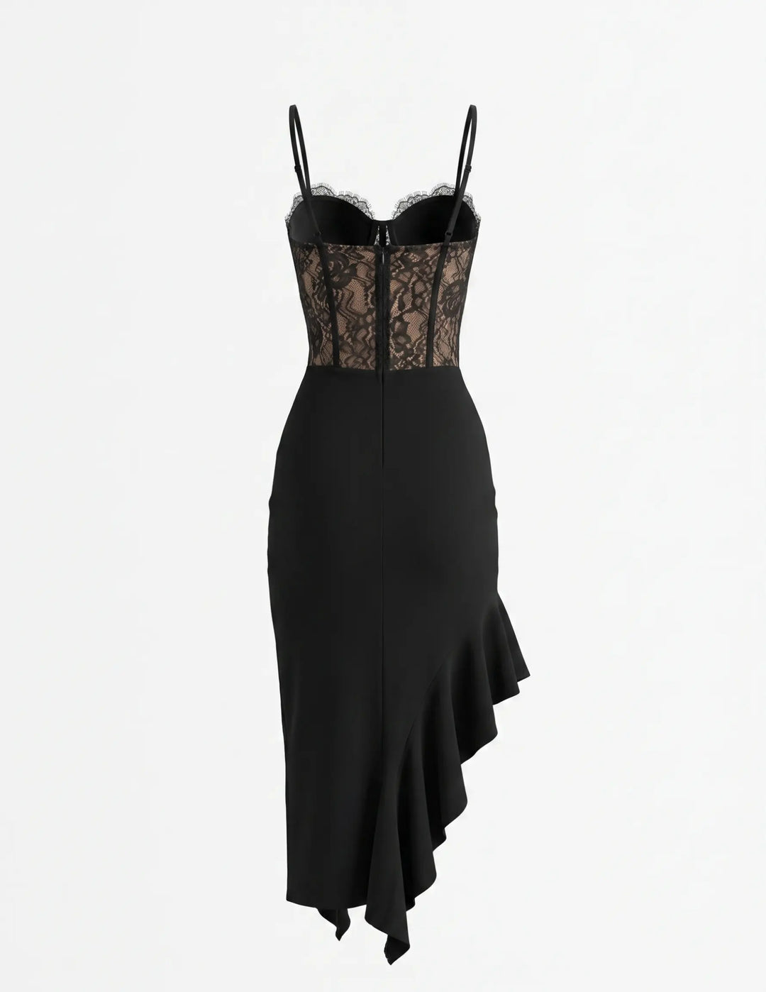 Black Lace Corset Asymmetrical Ruffle Hem Midi Dress