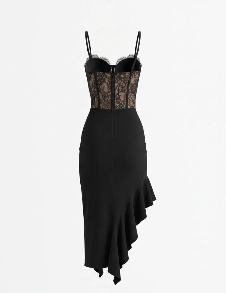 Black Lace Corset Asymmetrical Ruffle Hem Midi Dress