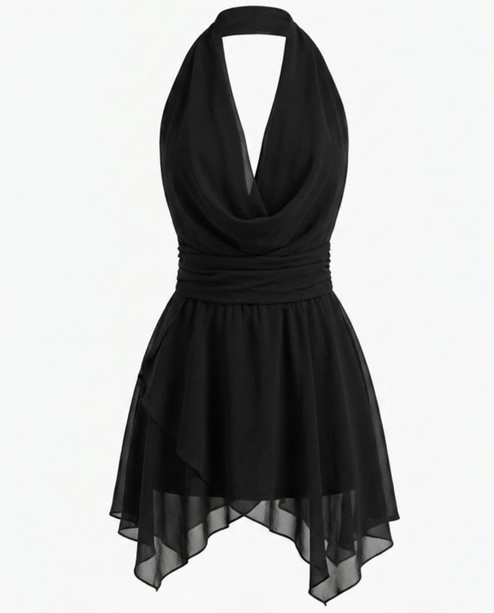Black Halter Draped Cowl Neck Asymmetrical Ruffle Backless Mini Dress
