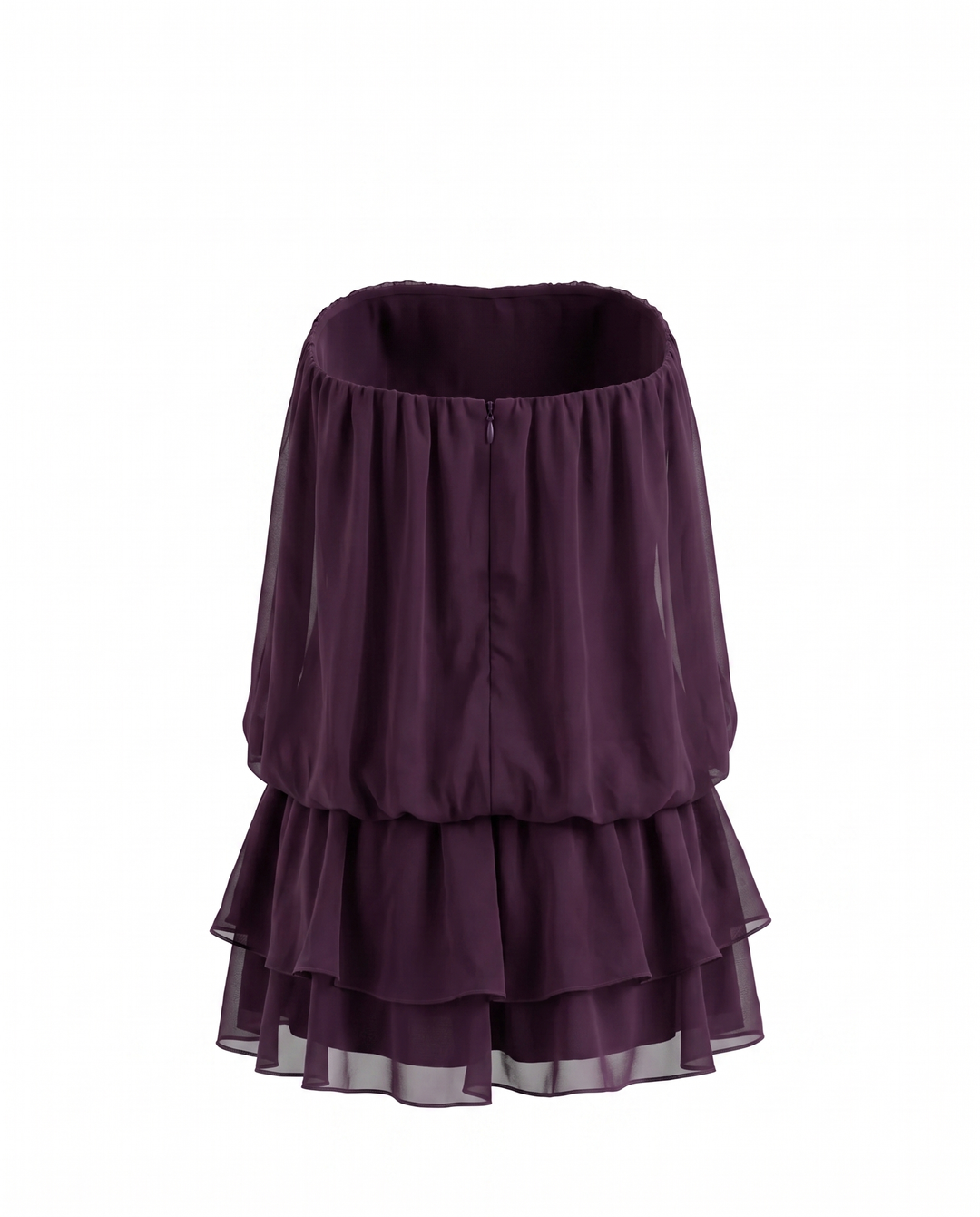 Plum Purple Strapless 3D Orchid Applique Ruffle Layered Chiffon Mini Dress
