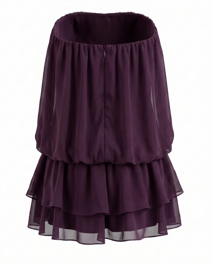 Plum Purple Strapless 3D Orchid Applique Ruffle Layered Chiffon Mini Dress