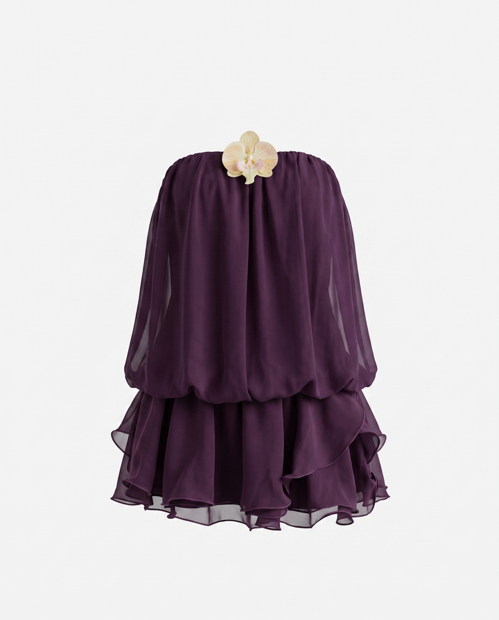 Plum Purple Strapless 3D Orchid Applique Ruffle Layered Chiffon Mini Dress