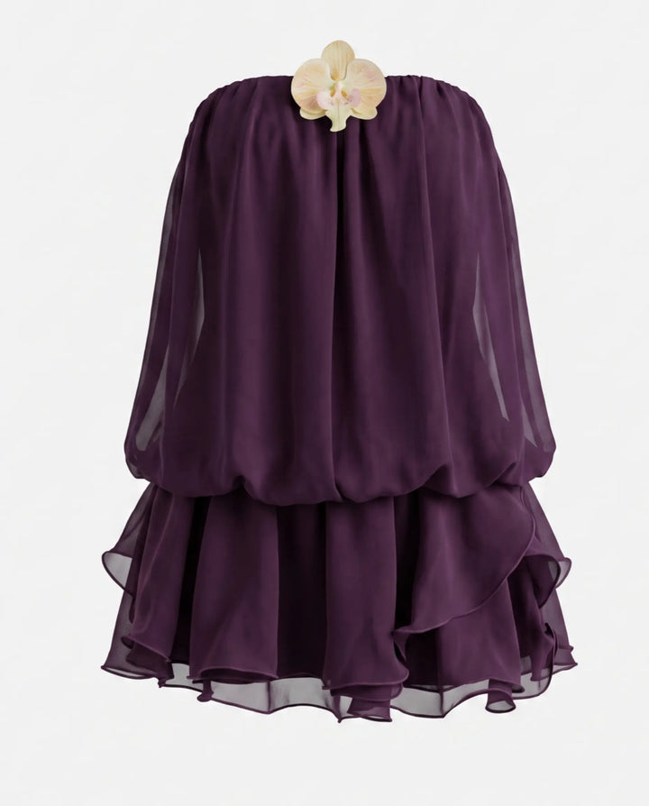 Plum Purple Strapless 3D Orchid Applique Ruffle Layered Chiffon Mini Dress