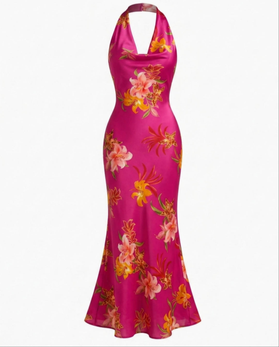 Fuchsia Tropical Floral Print Halter Neck Cowl Bust Mermaid Maxi Dress