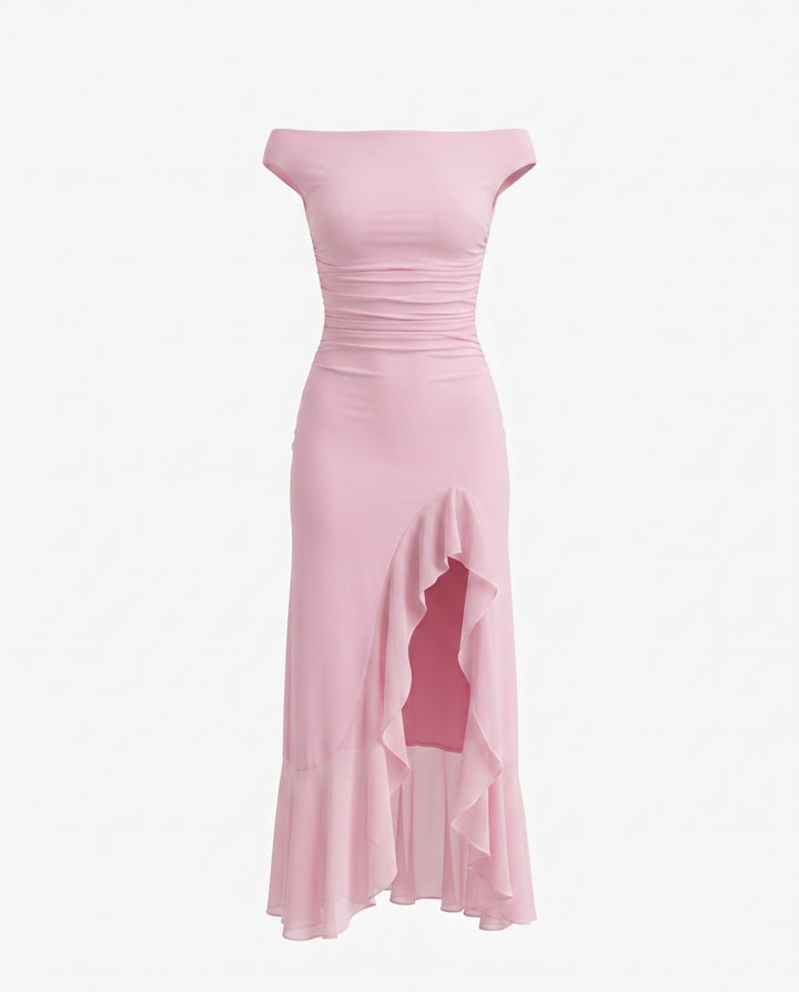 Pink Off-Shoulder Ruched Ruffled Slit Hem Maxi Dress