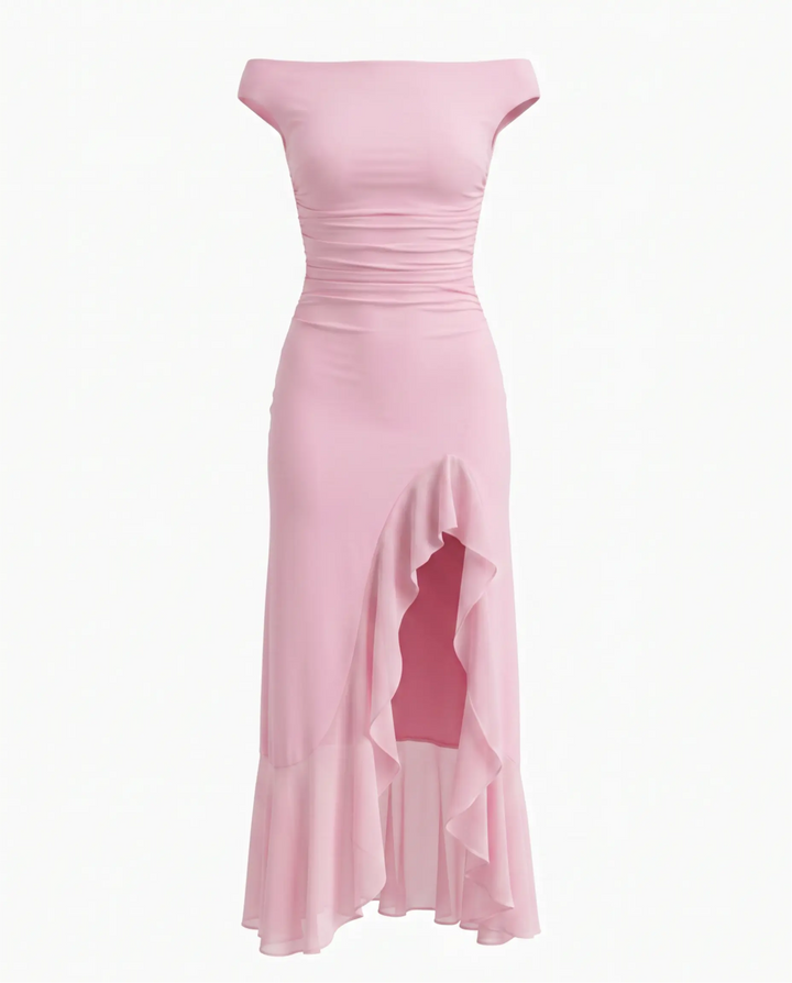 Pink Off-Shoulder Ruched Ruffled Slit Hem Maxi Dress
