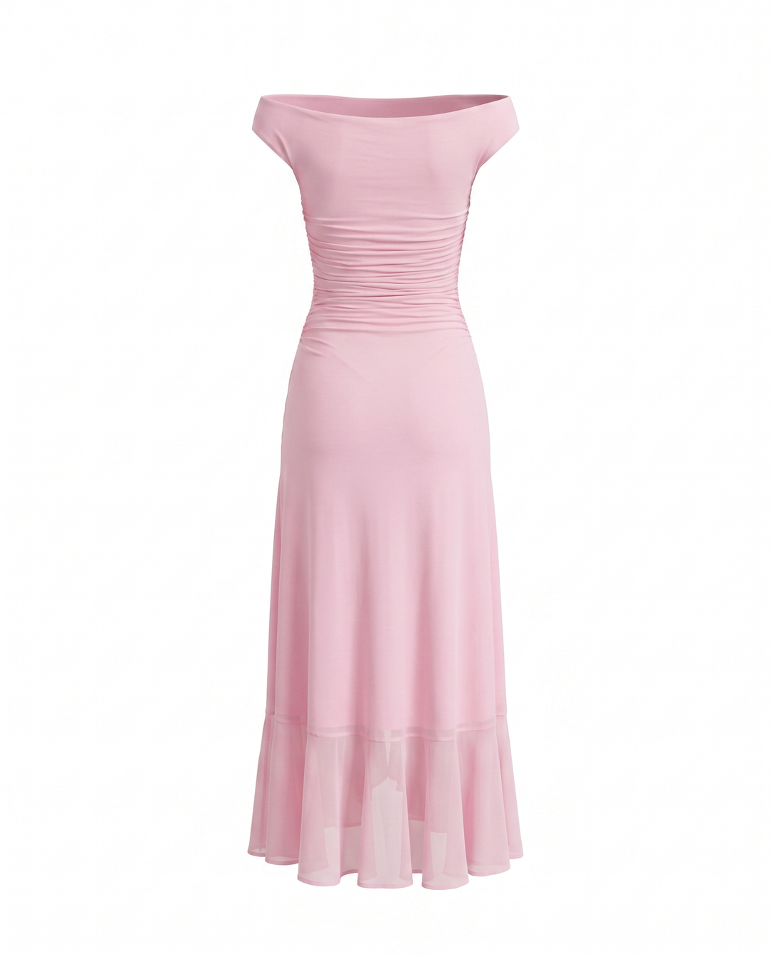 Pink Off-Shoulder Ruched Ruffled Slit Hem Maxi Dress