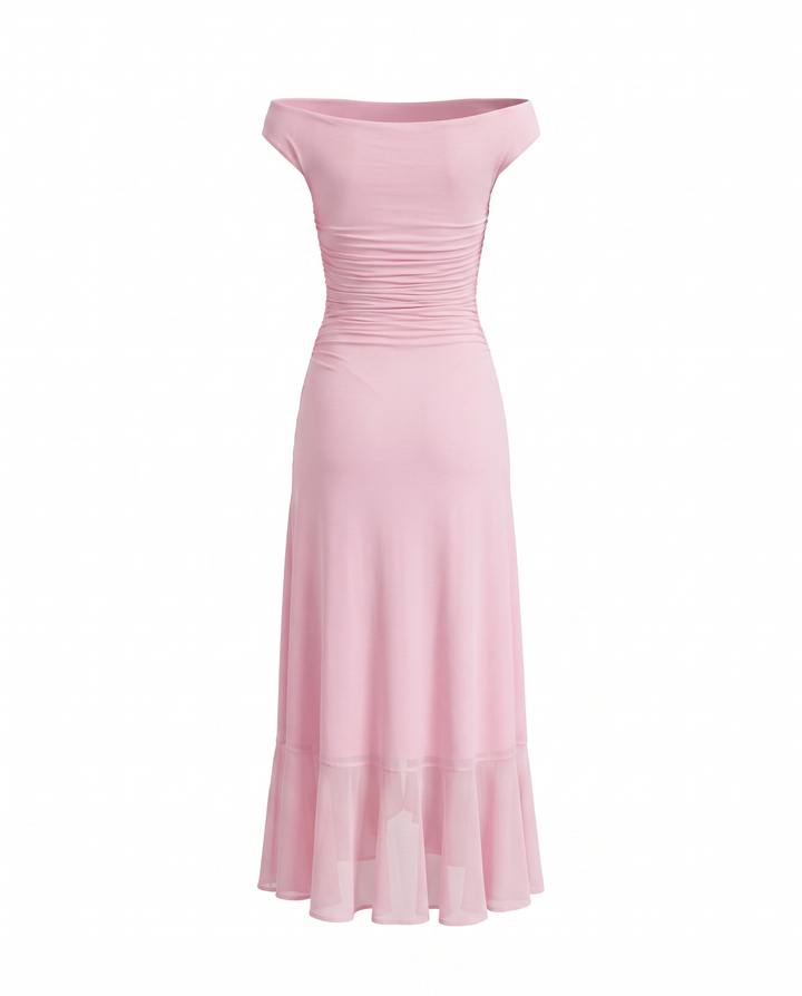 Pink Off-Shoulder Ruched Ruffled Slit Hem Maxi Dress