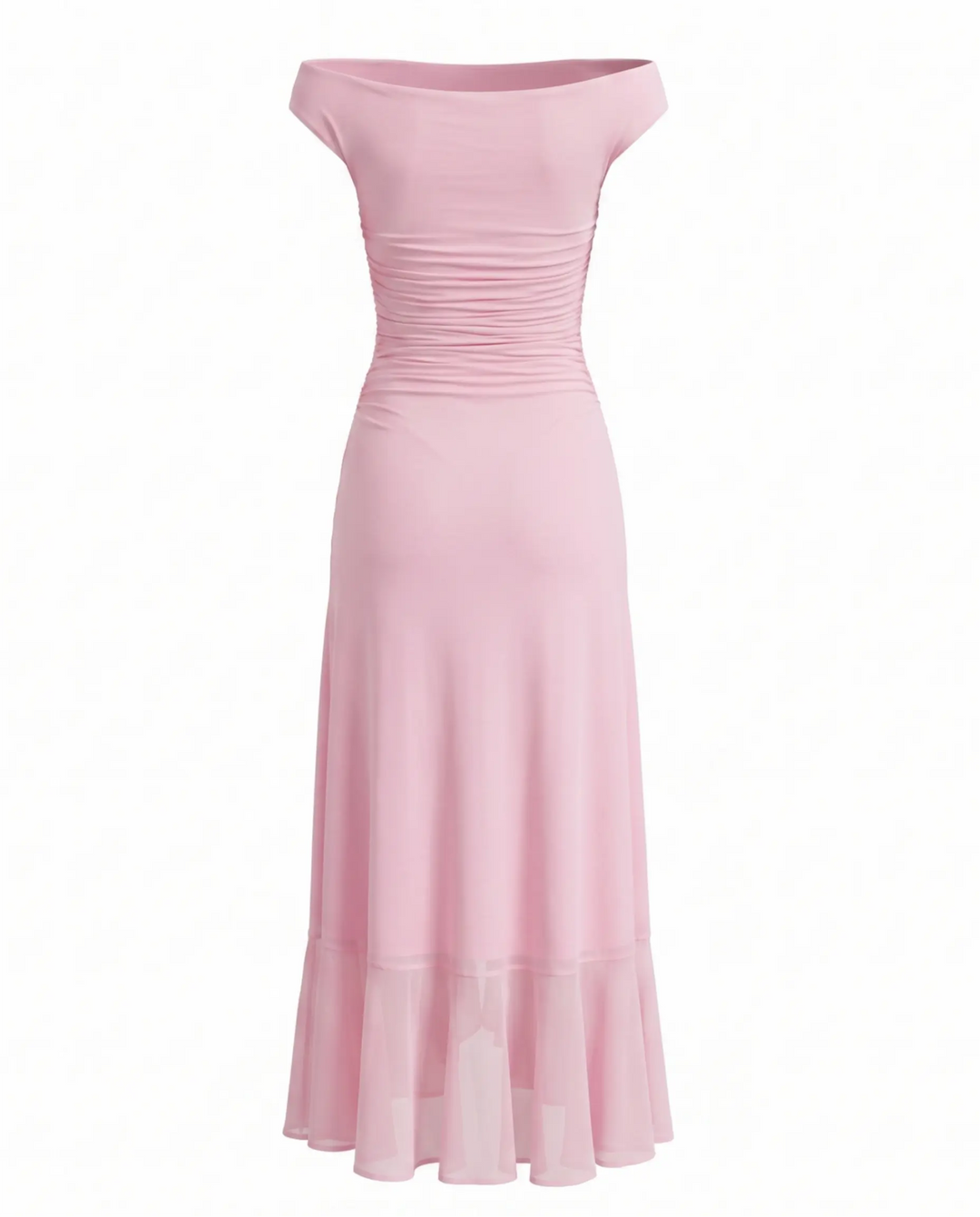 Pink Off-Shoulder Ruched Ruffled Slit Hem Maxi Dress